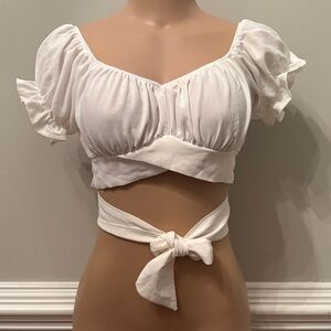 SHEIN White Puff Sleeve Tie Front Blouse